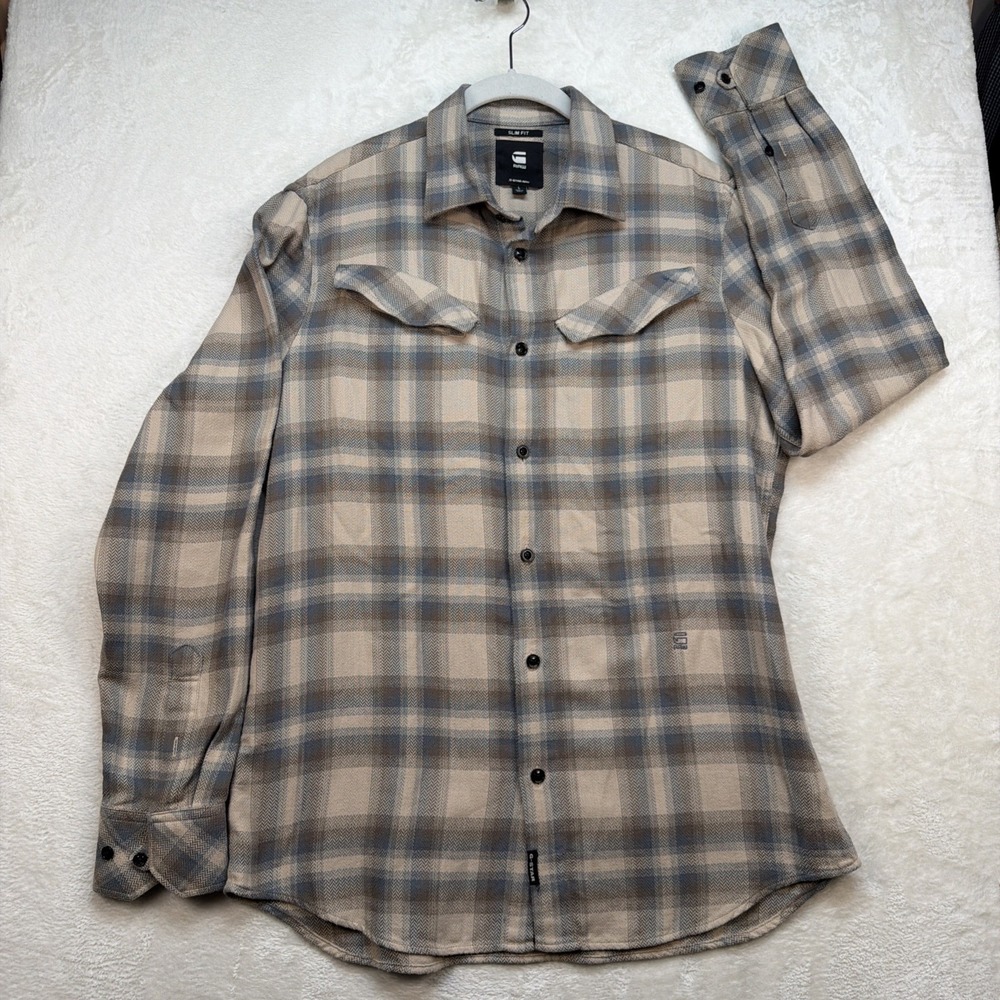 G Star Raw Plaid Pearl Snap Shirt Men's Large Slim Fit Workwear Casual